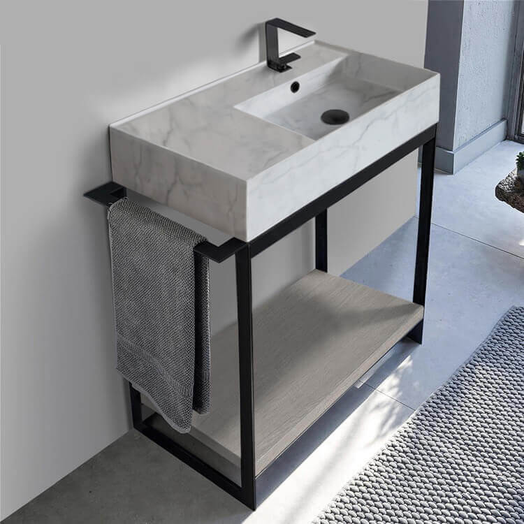 Scarabeo 5118-F-SOL2-88-One Hole Console Sink Vanity With Marble Design Ceramic Sink and Grey Oak Shelf, 35 Inch